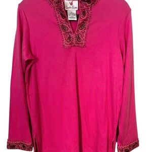 Quacker Factory Tunic Womens M Paisley Beaded Hot Pink Long Sleeve V Neck Blouse